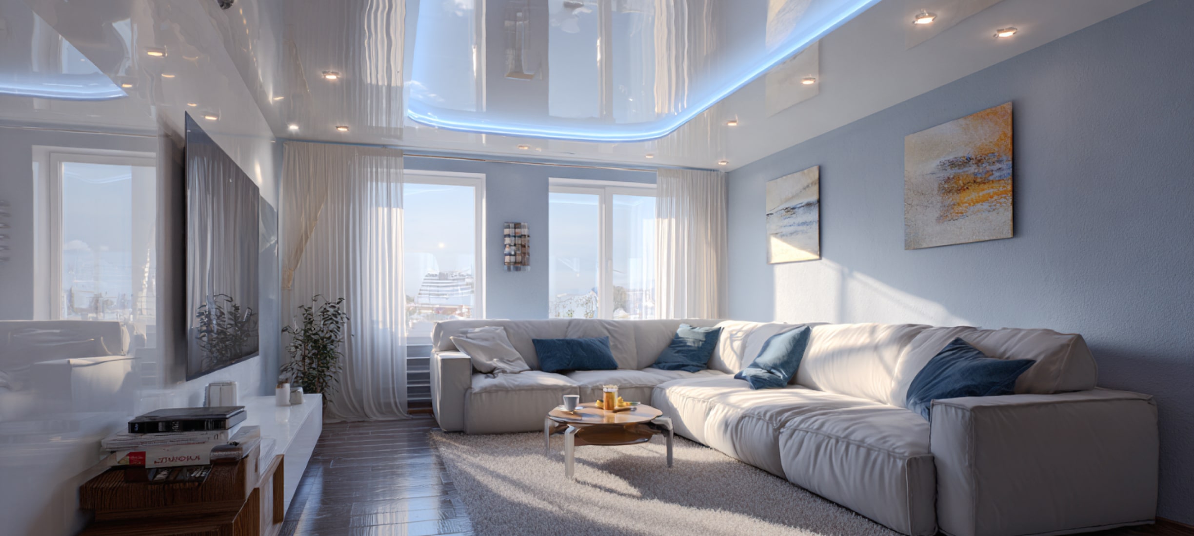 Двухуровневые натяжные потолки: формы, дизайн, варианты подсветки