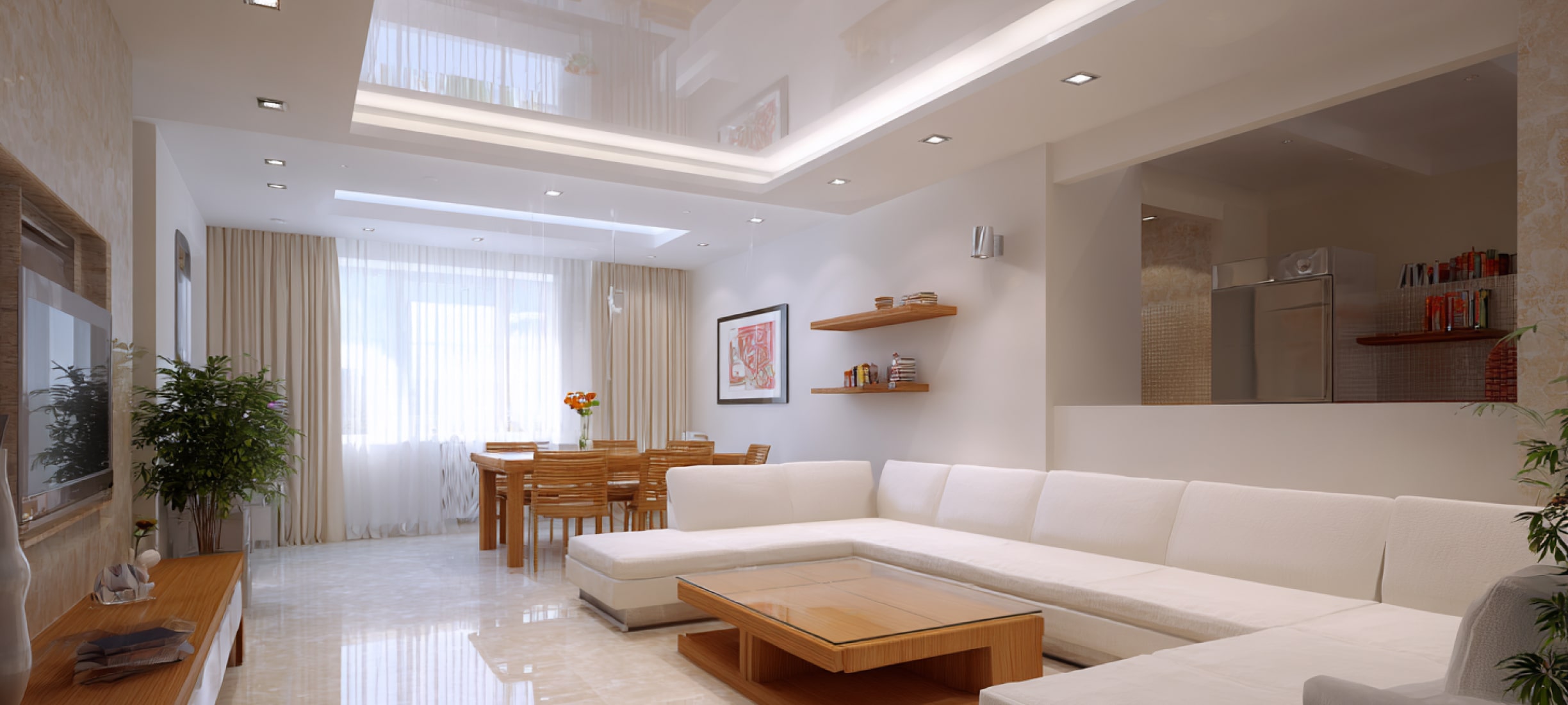 Глянцевые натяжные потолки: виды и конструкции