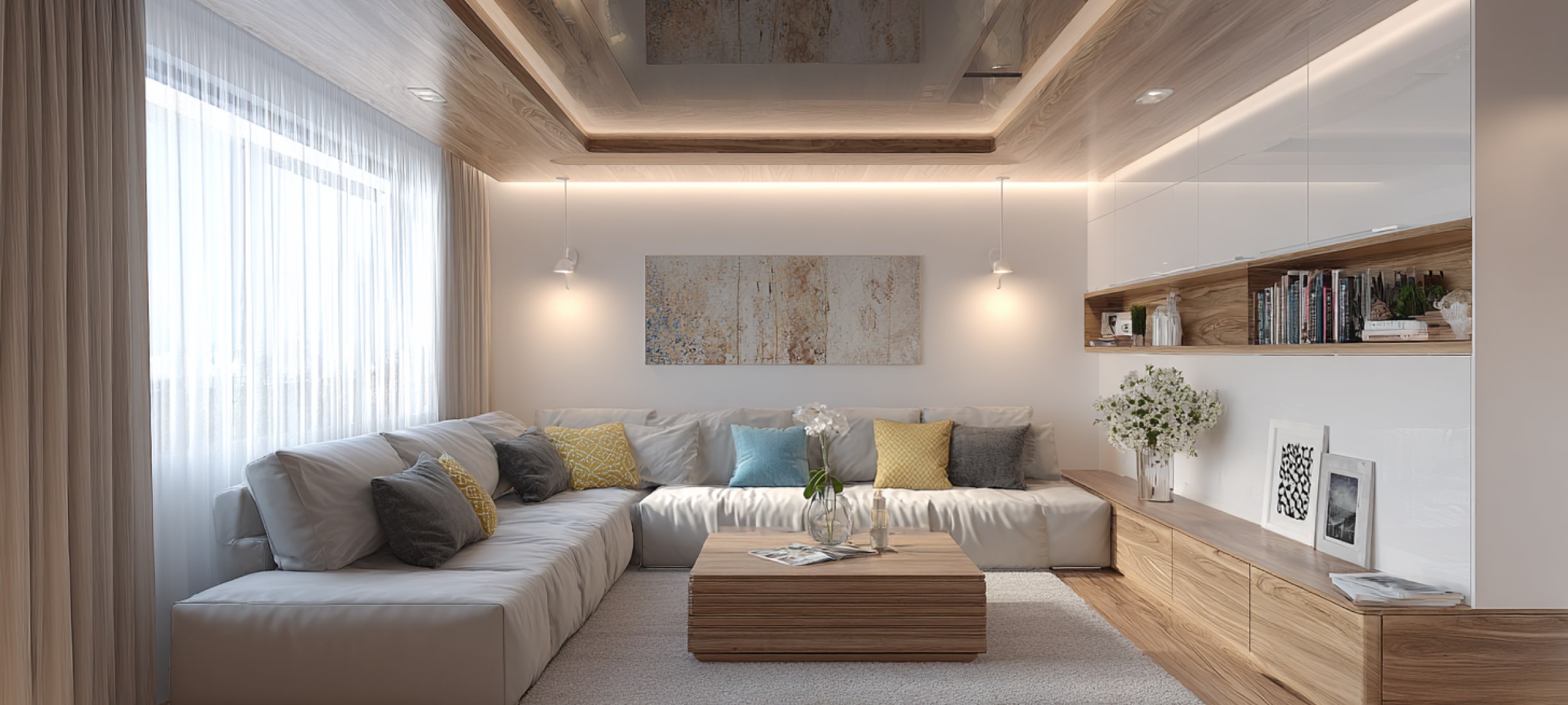 Двухуровневые натяжные потолки: формы, дизайн, варианты подсветки